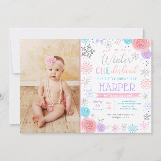 Winter ONEderland 1st Birthday Photo Invitations (Front)