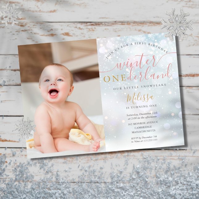 Winter ONEderland 1st Birthday Photo Pink and Gold Invitation (Creator Uploaded)