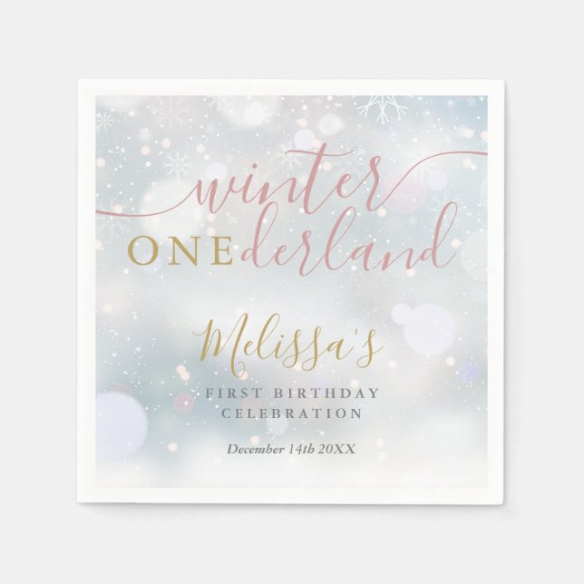Winter Onederland 1st Birthday Pink And Gold Napkin (Front)