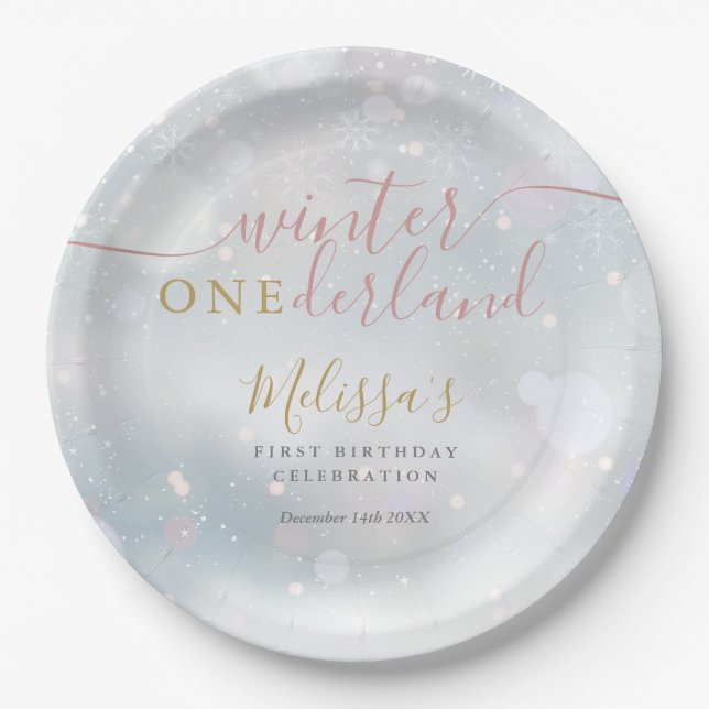 Winter Onederland 1st Birthday Pink And Gold Paper Plate (Front)