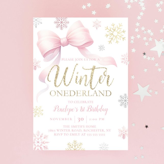 Winter Onederland 1st Birthday Pink Bow Snowflake Invitation (Creator Uploaded)