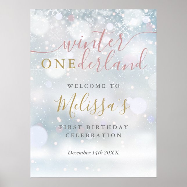 Winter Onederland 1st Birthday Pink Gold Welcome Poster (Front)