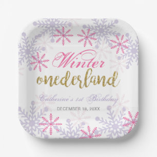 Winter Onederland 1st Birthday Purple Pink Snow Paper Plate
