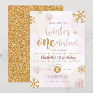 Winter Onederland 1st Birthday Rose Gold and Gold Invitation