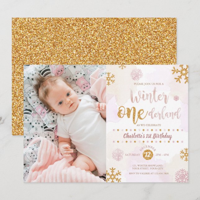 Winter Onederland 1st Birthday Rose Gold and Gold Invitation (Front/Back)