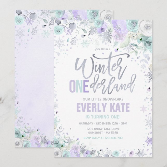 Winter ONEderland 1st Birthday Silver Lilac Purple Invitation (Front/Back)