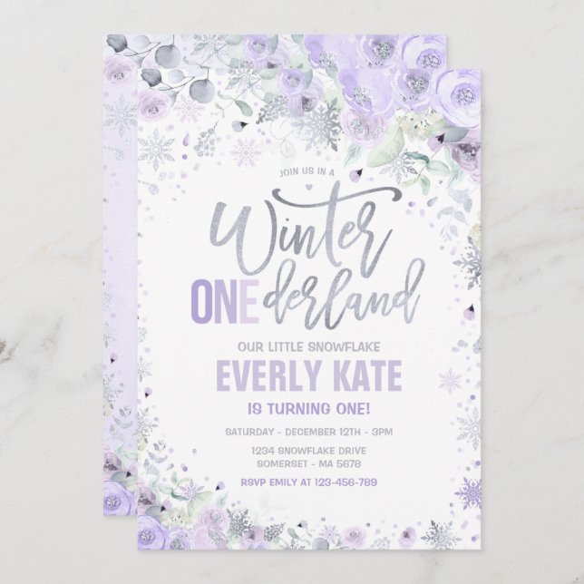 Winter ONEderland 1st Birthday Silver Lilac Purple Invitation (Front/Back)