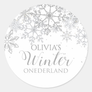 Winter Onederland 1st Birthday Silver snowflakes Classic Round Sticker