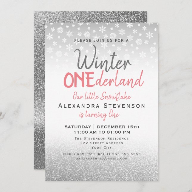 Winter ONEderland 1st Birthday Silver Snowflakes Invitation (Front/Back)