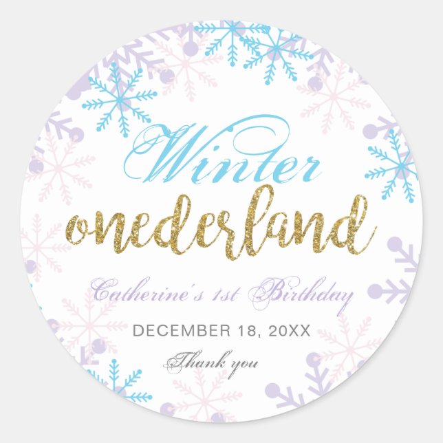 Winter Onederland 1st Birthday Snowflakes Cute Classic Round Sticker (Front)