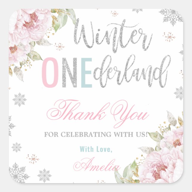Winter ONEderland 1st Birthday Thank You Favour Square Sticker (Front)