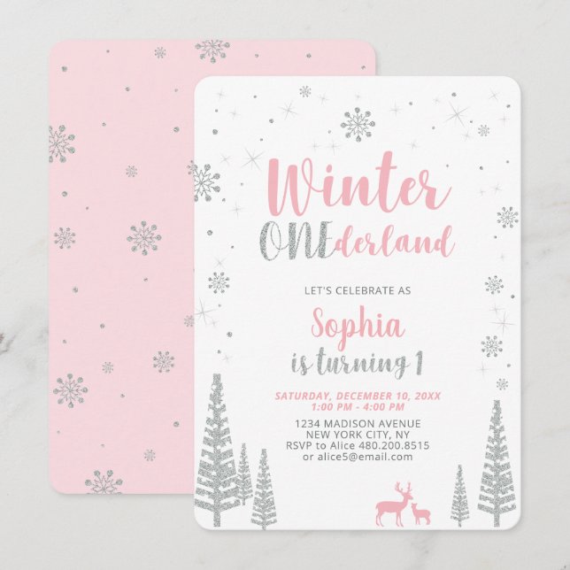 Winter Onederland 1st, First Birthday, Girl Invitation (Front/Back)