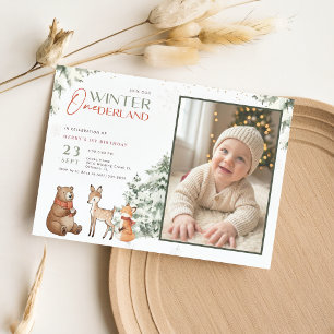 Winter Onederland Animal Kid Photo 1st Birthday Invitation