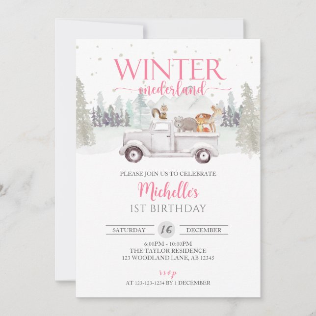 Winter ONEderland, Animal Truck 1st Birthday Invitation (Front)