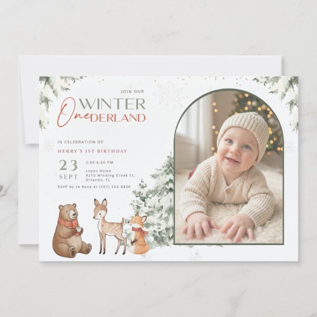 Winter Onederland Arch Photo Baby First Birthday Invitation (Front)
