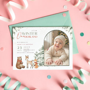 Winter Onederland Arch Photo Baby First Birthday Invitation