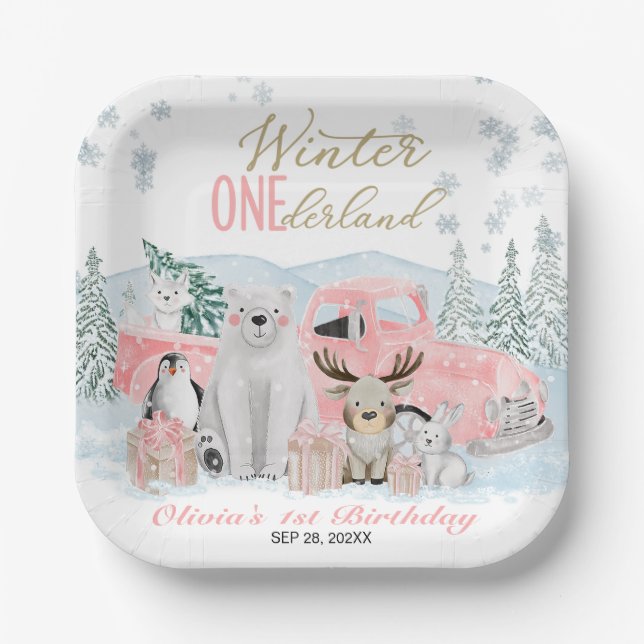 Winter Onederland Arctic Animal Girl 1st Birthday Paper Plate (Front)