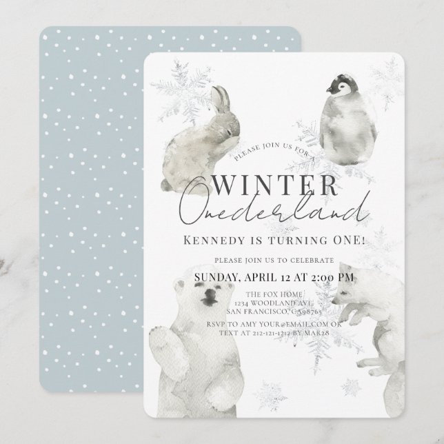 Winter Onederland Arctic Animals Boy 1st Birthday Invitation (Front/Back)