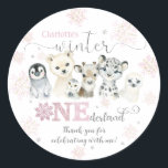 Winter Onederland Arctic Animals Snow 1st Birthday Classic Round Sticker<br><div class="desc">Celebrate your little one’s Winter ONEderland with this adorable arctic-themed sticker! Featuring charming watercolor baby animals, pink snowflakes, and sparkly “ONEderland” lettering, it’s the perfect touch for party favors, gift bags, thank-you tags, and winter birthday décor. A cute and whimsical way to thank guests for celebrating your child’s magical first...</div>