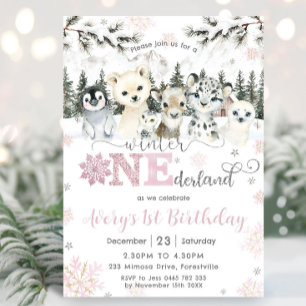 Winter Onederland Arctic Animals Snow 1st Birthday Invitation