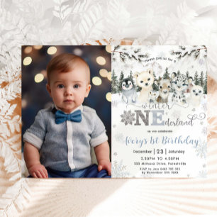 Winter Onederland Arctic Animals Snow 1st Birthday Invitation