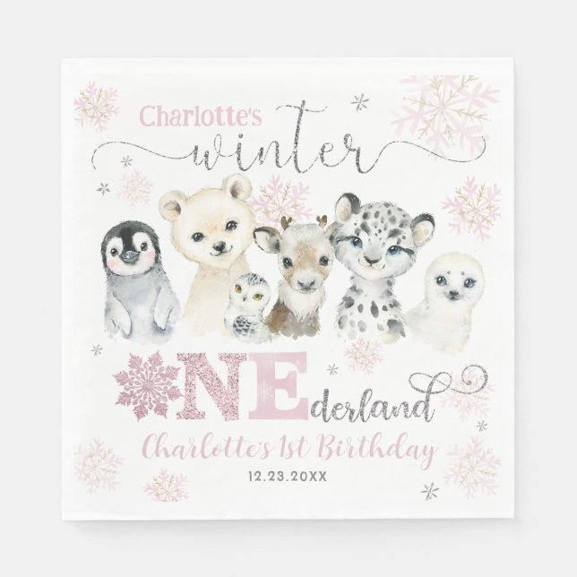 Winter Onederland Arctic Animals Snow 1st Birthday Napkin (Front)