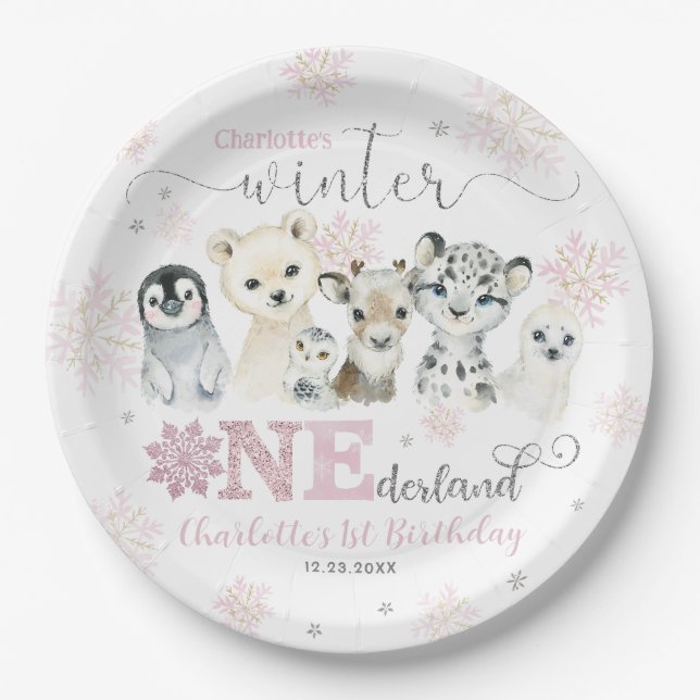 Winter Onederland Arctic Animals Snow 1st Birthday Paper Plate (Front)