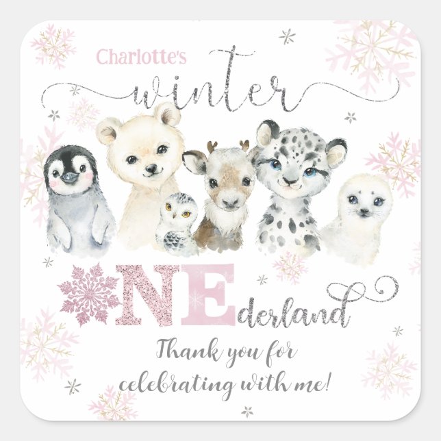 Winter Onederland Arctic Animals Snow 1st Birthday Square Sticker (Front)