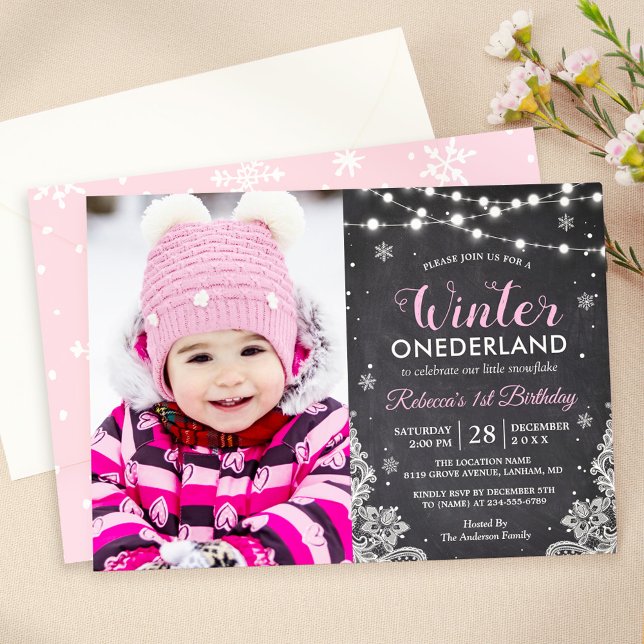 Winter ONEderland Baby Girl 1st Birthday Photo Invitation (Creator Uploaded)