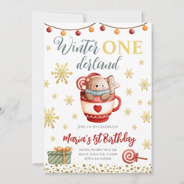 Winter Onederland Bear Birthday Invitation (Front)