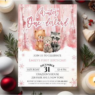Winter Onederland Bear Pink First Birthday Invitation