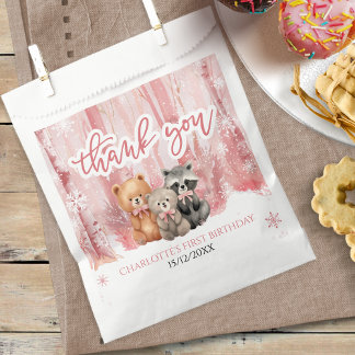 Winter Onederland Bear Pink First Birthday Party Favour Bags