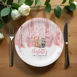 Winter Onederland Bear Pink First Birthday Party Paper Plate