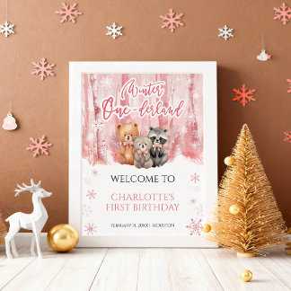 Winter Onederland Bear Pink First Welcome Sign