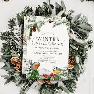 Winter Onederland Birds & Snow 1st Birthday Invitation