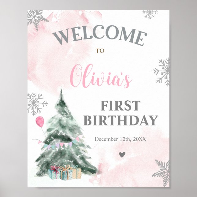 Winter Onederland Birthday 1st Snowflakes Welcome Poster (Front)