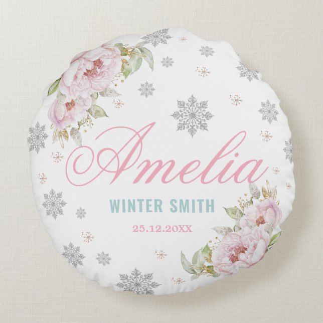 Winter ONEderland Birthday Baby Girl 1st Birthday Round Cushion (Back)