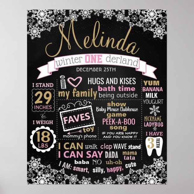 Winter Onederland Birthday chalkboard girl Poster (Front)