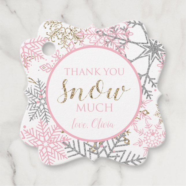 Winter Onederland birthday favour tag pink gold (Front)