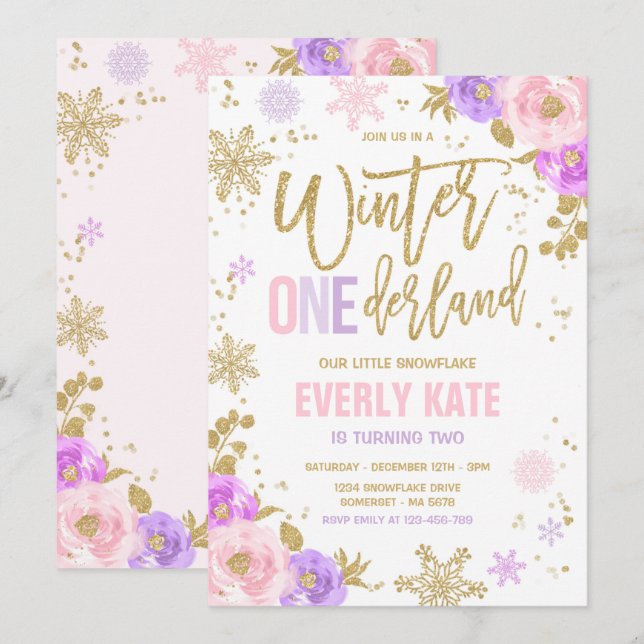 Winter ONEderland Birthday Gold Pink Snowflake Invitation (Front/Back)