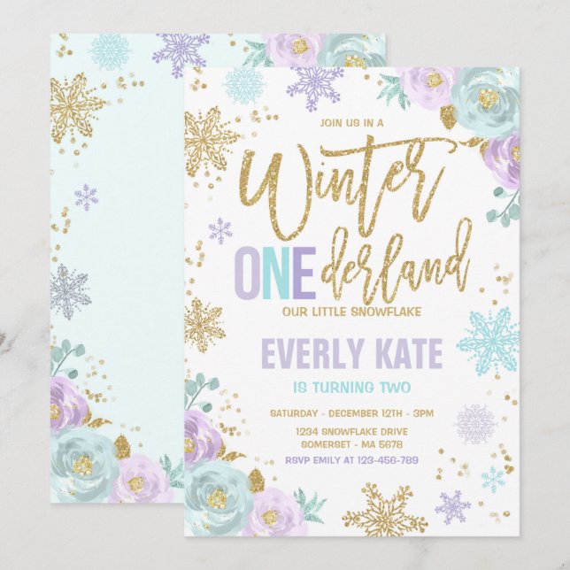 Winter ONEderland Birthday Gold Purple Snowflake Invitation (Front/Back)