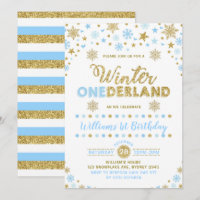 Winter ONEderland Birthday Invitation Blue Gold