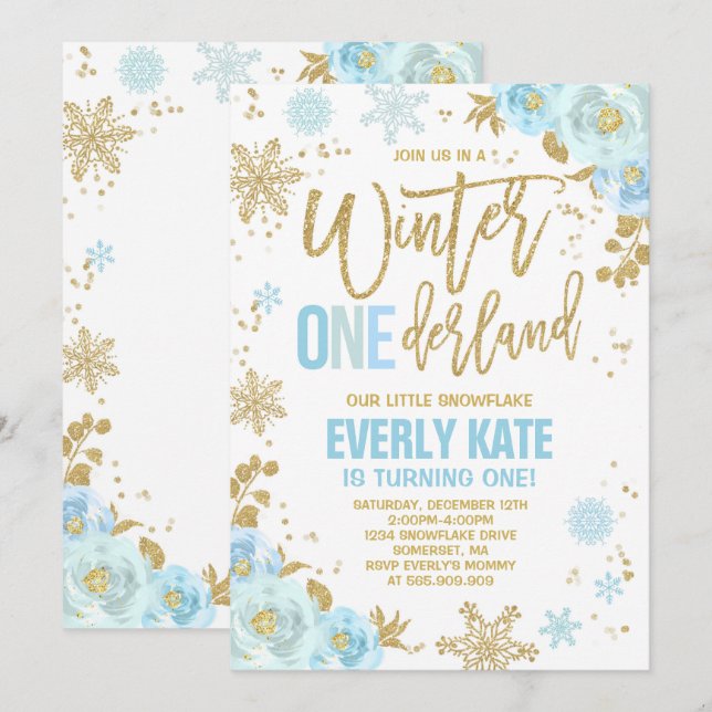 Winter ONEderland Birthday Invitation Blue & Gold (Front/Back)