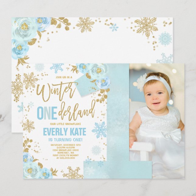 Winter ONEderland Birthday Invitation Blue Gold (Front/Back)