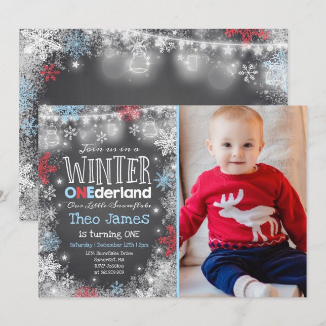Winter ONEderland Birthday Invitation Blue Red (Front/Back)