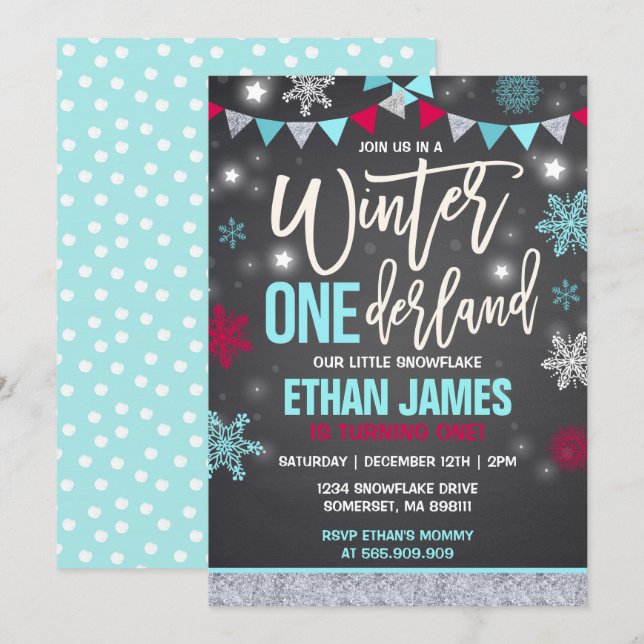 Winter ONEderland Birthday Invitation Blue & Red (Front/Back)