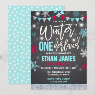 Winter ONEderland Birthday Invitation Blue & Red