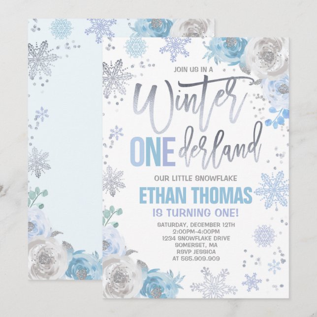 Winter ONEderland Birthday Invitation Blue Silver (Front/Back)