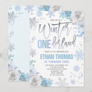 Winter ONEderland Birthday Invitation Blue Silver