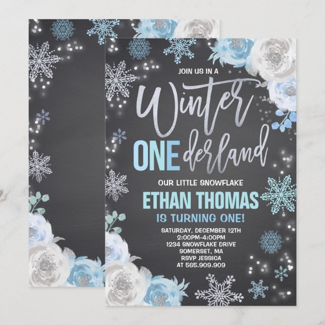 Winter ONEderland Birthday Invitation Blue Silver (Front/Back)